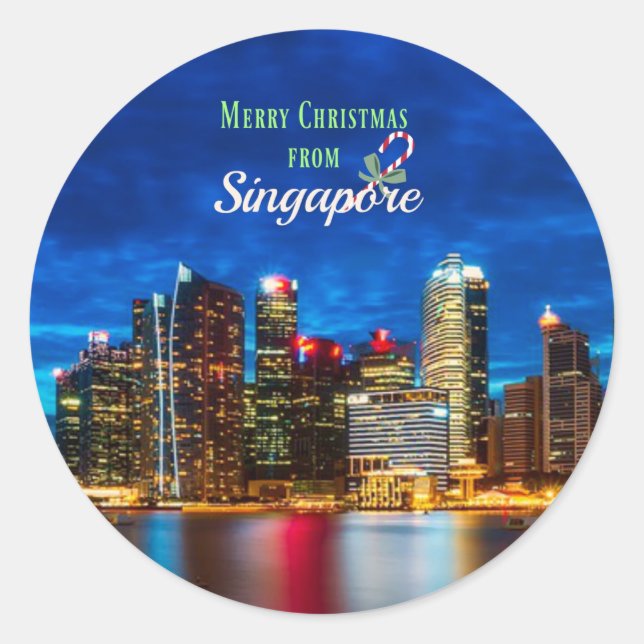 Pegatina Redonda Feliz Navidad desde Singapur (Anverso)