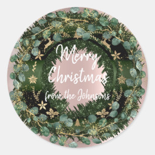 Pegatina Redonda Feliz Navidad desde su nombre Invierno RoseGold Wr