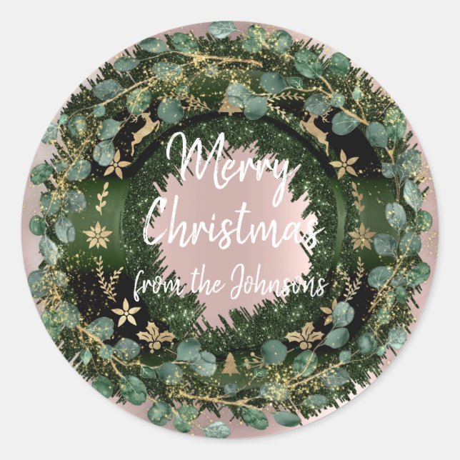 Pegatina Redonda Feliz Navidad desde su nombre Invierno RoseGold Wr (Anverso)