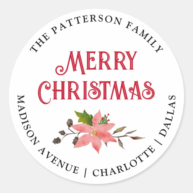 Pegatina Redonda Feliz Navidad | Dirección de devolución Floral de  (Anverso)