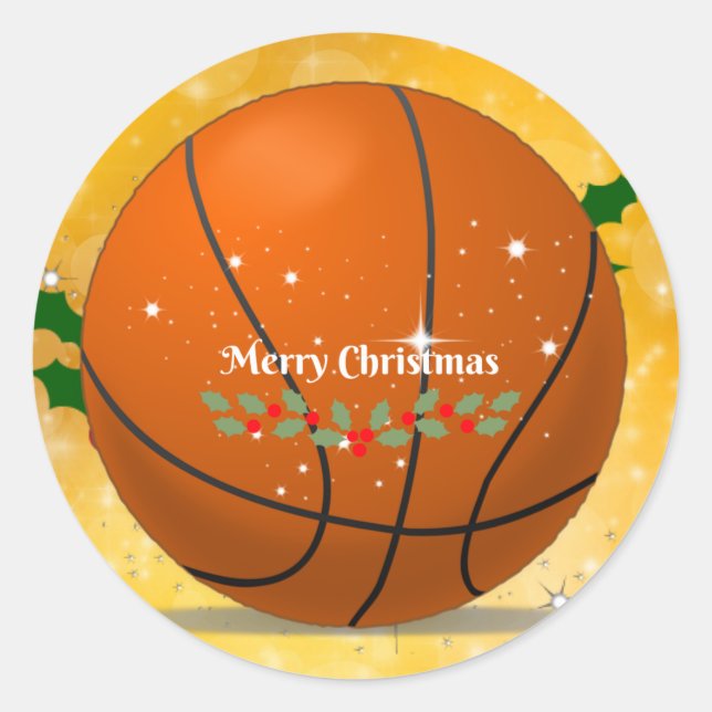 Pegatina Redonda Feliz Navidad, diseño de Navidades de baloncesto (Anverso)