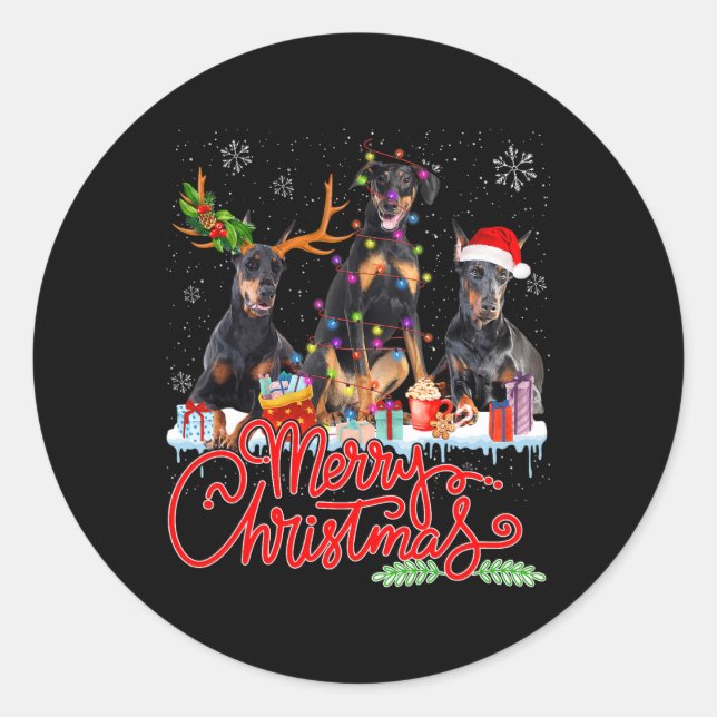 Pegatina Redonda Feliz Navidad Doberman Pinscher perros Santa Reind (Anverso)