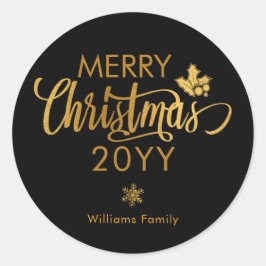Pegatina Redonda Feliz Navidad dorado y negro Personalizado Feriado
