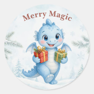 Pegatina Redonda Feliz Navidad Dragón Azul Bebé Magia