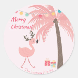Pegatina Redonda Feliz Navidad - Dulce tropical Santa Flamingo