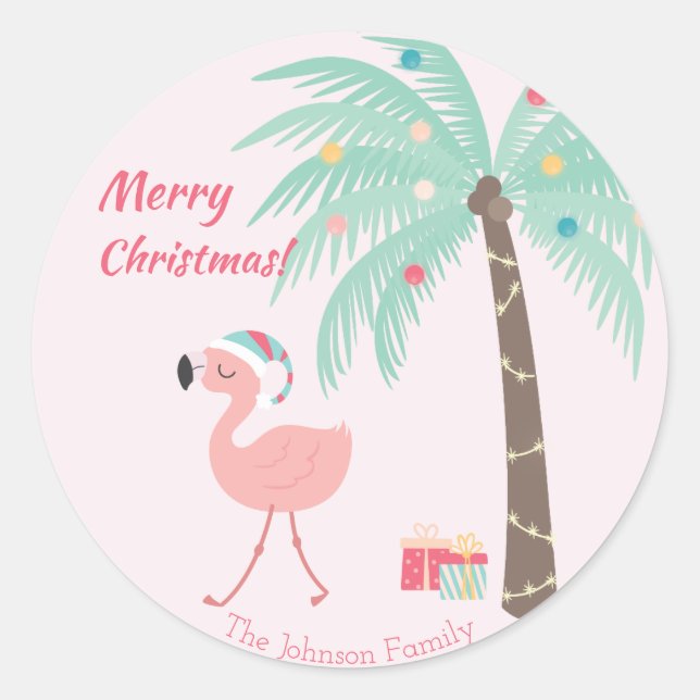 Pegatina Redonda Feliz Navidad - Dulce tropical Santa Flamingo (Anverso)