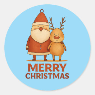 Pegatina Redonda Feliz Navidad – Dúo de Santa y Reno