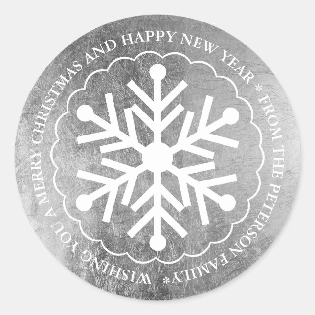 Pegatina Redonda Feliz Navidad editable copo de nieve plata blanco (Anverso)