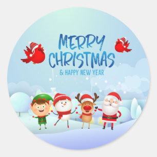 Pegatina Redonda Feliz Navidad, el Snowman Santa Claus Rudolph Elf