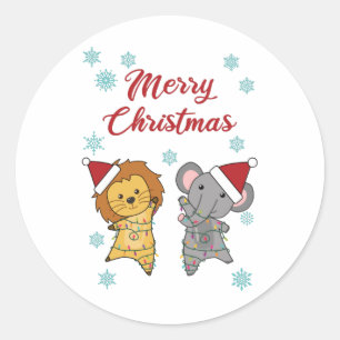 Pegatina Redonda Feliz Navidad Elefante de León Nieve Grito Zoológi