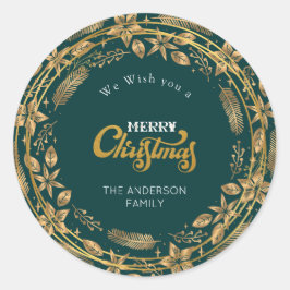 Pegatina Redonda Feliz Navidad Elegante Arco de Oro Verde