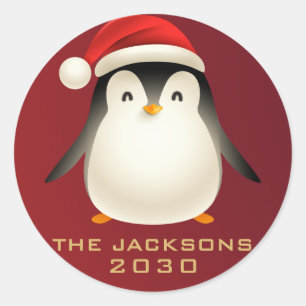 Pegatina Redonda Feliz Navidad Elegante Cute Pingüino Blanco Rojo
