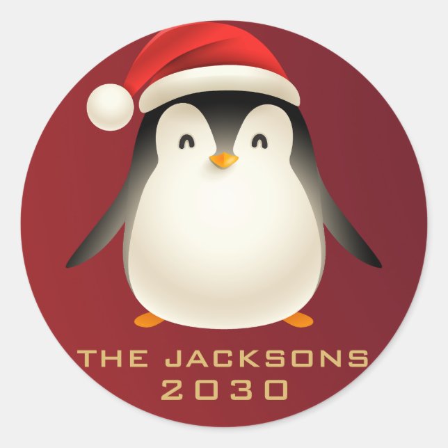 Pegatina Redonda Feliz Navidad Elegante Cute Pingüino Blanco Rojo (Anverso)