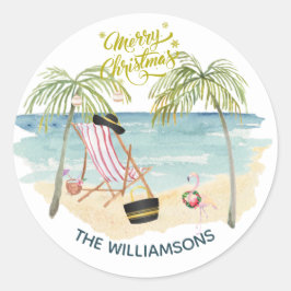 Pegatina Redonda Feliz Navidad en el nombre de la familia de la pla