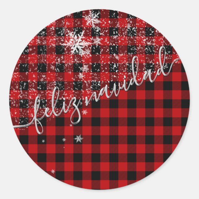 Pegatina Redonda Feliz Navidad en Escritura Manuscrita Nevando (Anverso)