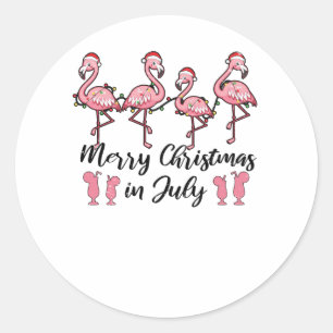 Pegatina Redonda Feliz Navidad En Julio Cóctel De Verano Flamingo