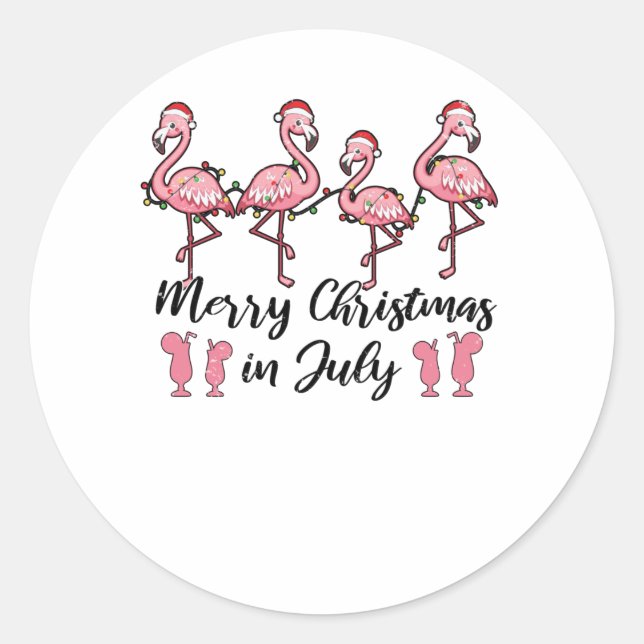 Pegatina Redonda Feliz Navidad En Julio Cóctel De Verano Flamingo (Anverso)