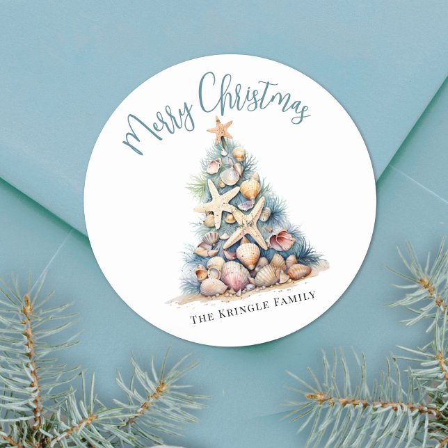 Pegatina Redonda Feliz Navidad en la playa (Beach Merry Christmas Classic Round Sticker )