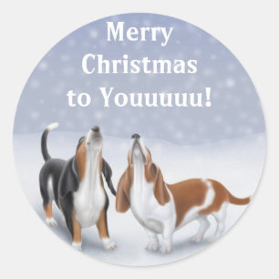 Pegatina Redonda Feliz Navidad en los Basset Hounds