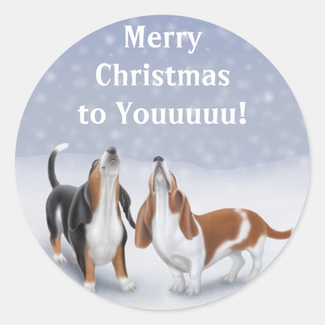 Pegatina Redonda Feliz Navidad en los Basset Hounds (Anverso)