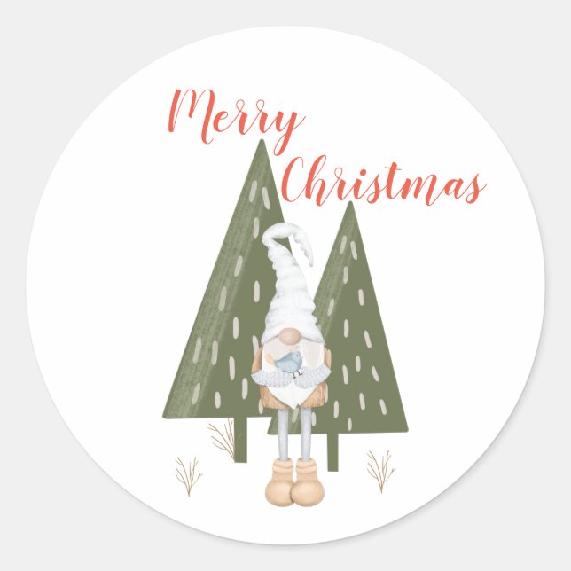 Pegatina Redonda Feliz Navidad Escandinavo Gnome Trees (Anverso)