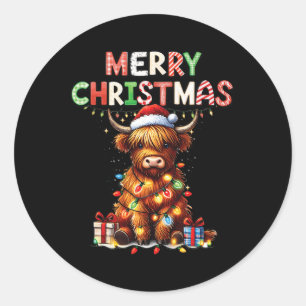 Pegatina Redonda Feliz Navidad Escocia Highland Cow Xmas Farm An