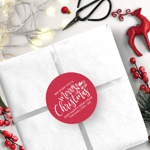 Pegatina Redonda Feliz Navidad Escritura Moderna Rojo Blanco