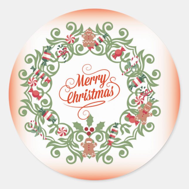 Pegatina Redonda Feliz Navidad Estilo Ornamental (Anverso)