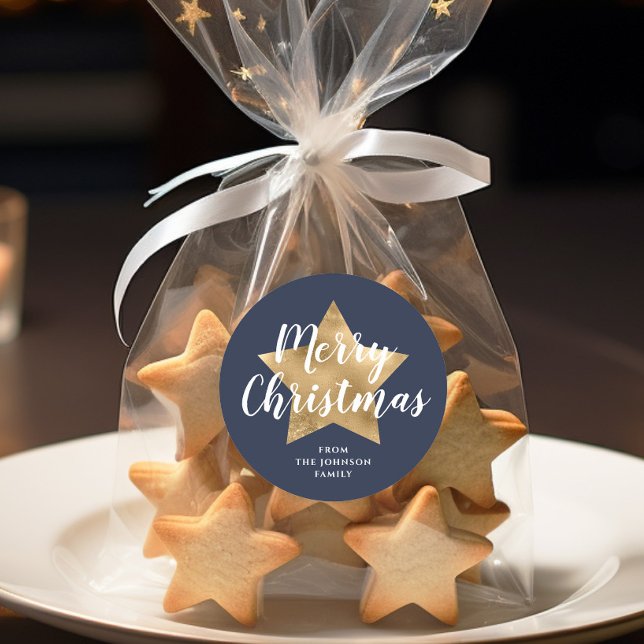 Pegatina Redonda Feliz Navidad Estrella de Oro Azul (Merry Christmas Gold Star Navy Blue Classic Round Sticker)