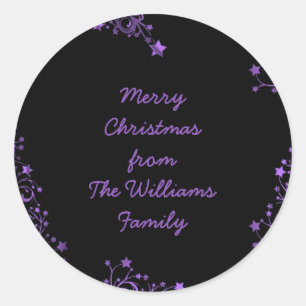 Pegatina Redonda Feliz Navidad Estrellas Black Purple Elegant Moda