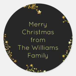 Pegatina Redonda Feliz Navidad Estrellas Negro Oro Luminoso Nombre 