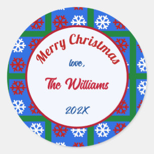 Pegatina Redonda Feliz Navidad Familia Americana Copos de Nieve