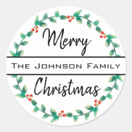 Pegatina Redonda Feliz Navidad Familia Personal Nombre Holly Wreath