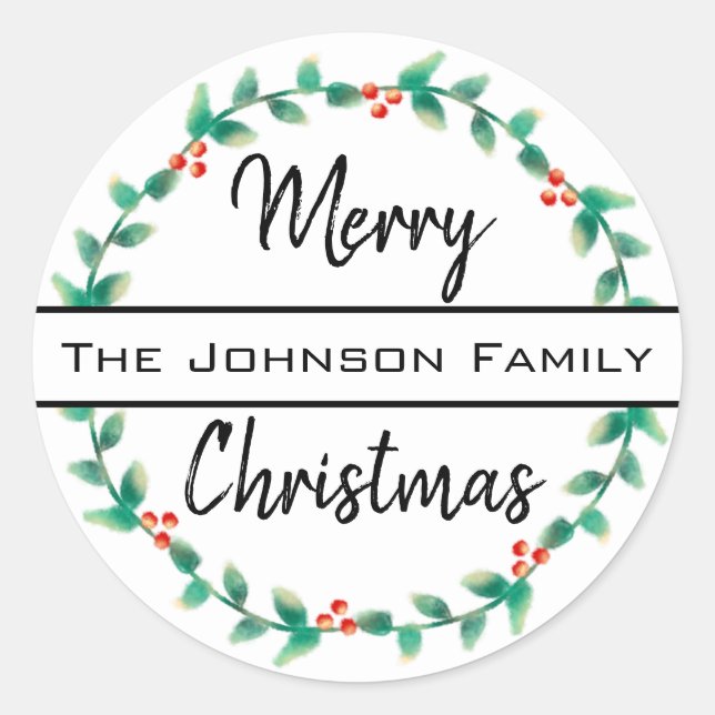 Pegatina Redonda Feliz Navidad Familia Personal Nombre Holly Wreath (Anverso)