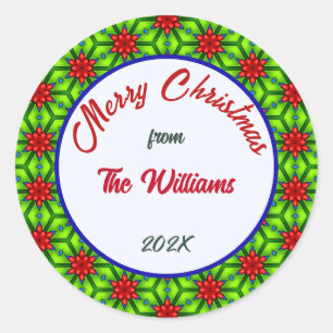 Pegatina Redonda Feliz Navidad Familia Roja y Verde
