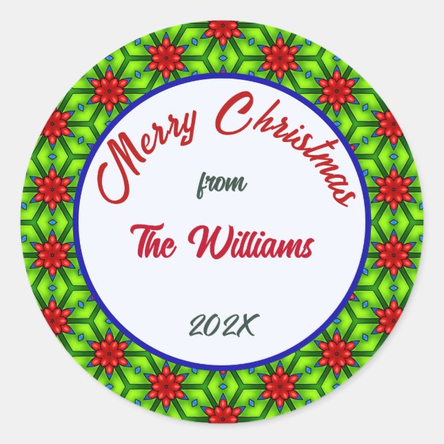 Pegatina Redonda Feliz Navidad Familia Roja y Verde (Anverso)