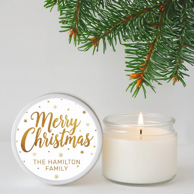 Pegatina Redonda Feliz Navidad Faux Gold Casual Script Snowflake (Merry Christmas Typography Sticker)