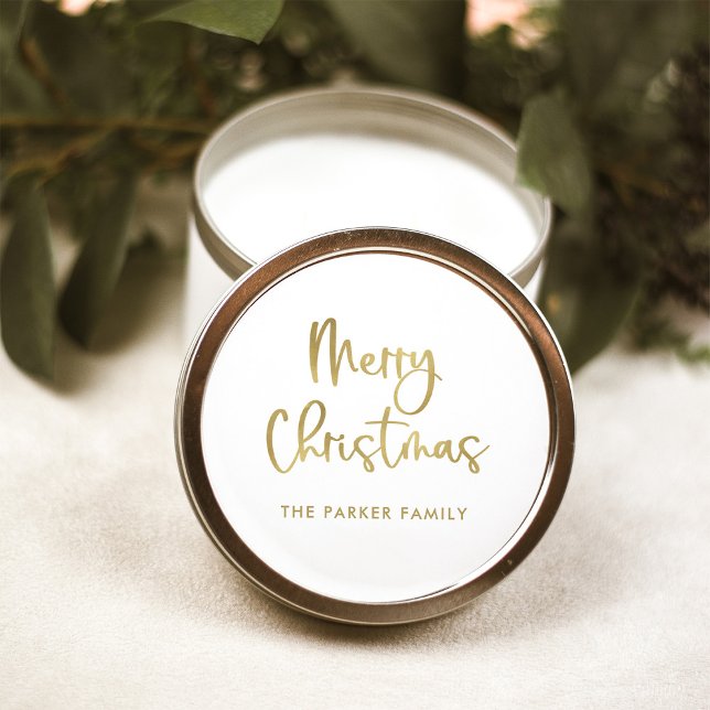Pegatina Redonda Feliz Navidad | Faux Gold sobre el guión azul blan (An elegant Christmas sticker with faux gold script on white)