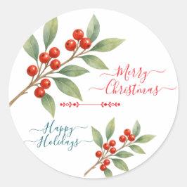 Pegatina Redonda Feliz Navidad Felices Fiestas Winterberry Design