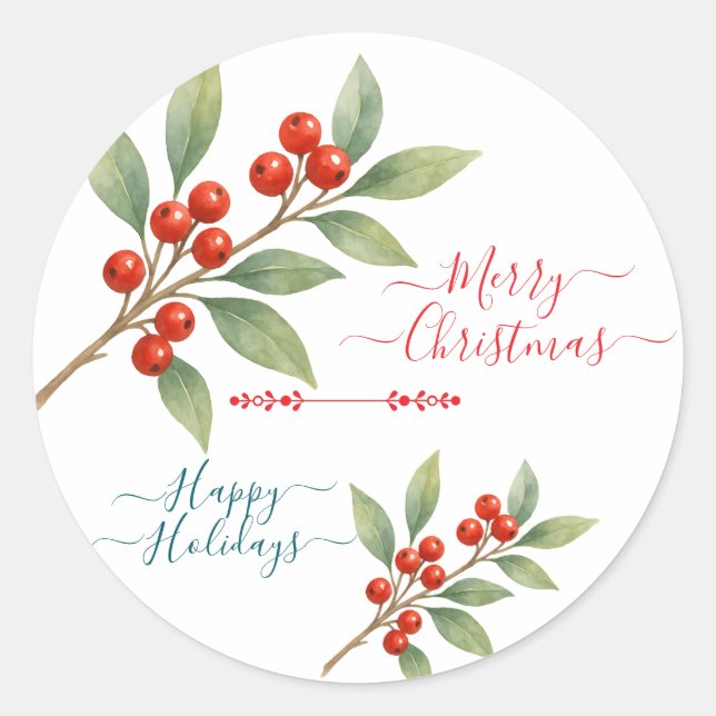 Pegatina Redonda Feliz Navidad Felices Fiestas Winterberry Design (Anverso)