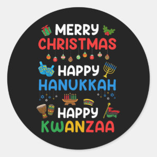 Pegatina Redonda Feliz Navidad Feliz Hanukkah Feliz Fiesta de Kwanz