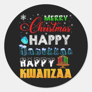 Pegatina Redonda Feliz Navidad Feliz Hanukkah Feliz Kwanzaa