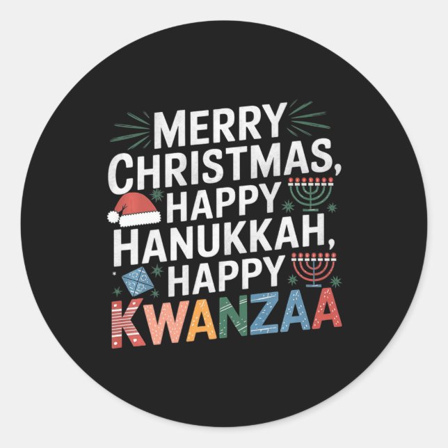 Pegatina Redonda Feliz Navidad Feliz Hanukkah Feliz Kwanzaa 14 (Anverso)