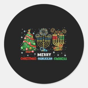 Pegatina Redonda Feliz Navidad Feliz Hanukkah Y Feliz Kwanzaa 1