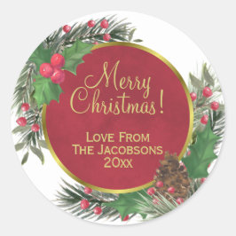 Pegatina Redonda Feliz Navidad! Festividad Holly & Pine Holiday