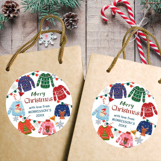Pegatina Redonda Feliz Navidad fiesta de suéter feo divertido (Merry Christmas Ugly sweater party funny Stickers Christmas stickers)