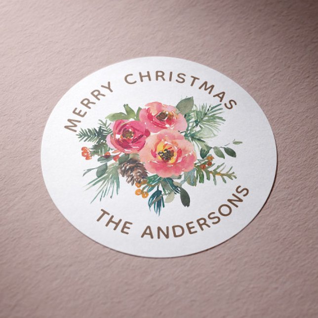 Pegatina Redonda Feliz Navidad | Fiesta invernal floral de acuarela (Subido por el creador)