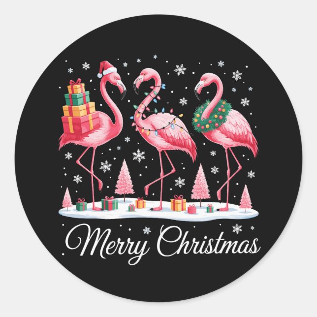 Pegatina Redonda Feliz Navidad Flamingo Light Santa Hat Xmas (Anverso)