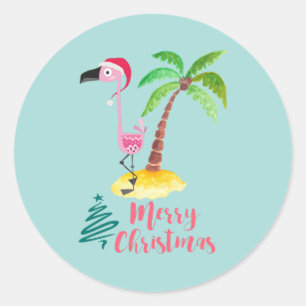 Pegatina Redonda Feliz Navidad Flamingo Rosa Con Árbol De Palma