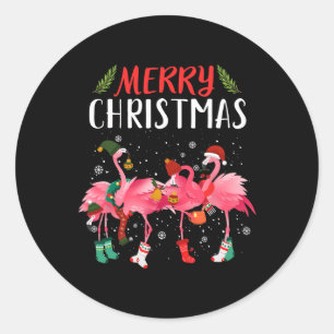 Pegatina Redonda Feliz Navidad Flamingo Rosa Navidad Árboles navide